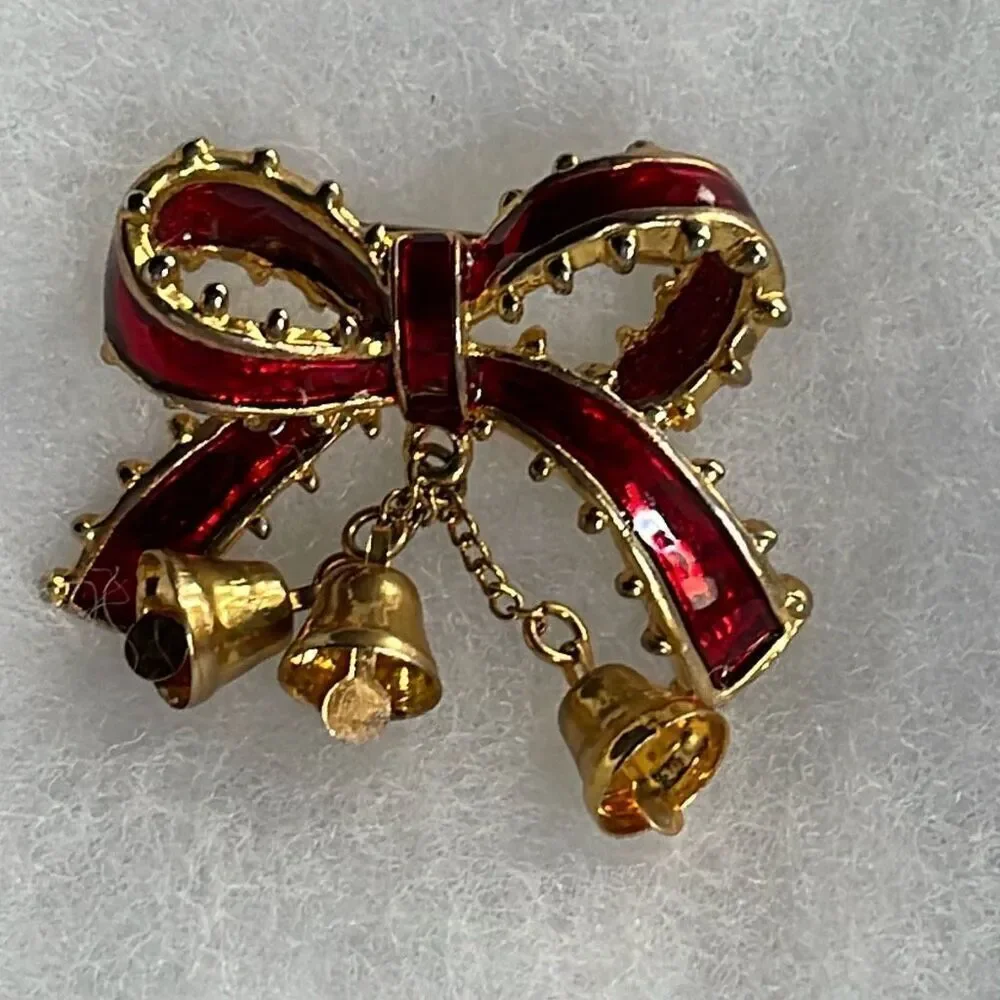 Vintage bow & dangle bells holiday brooch